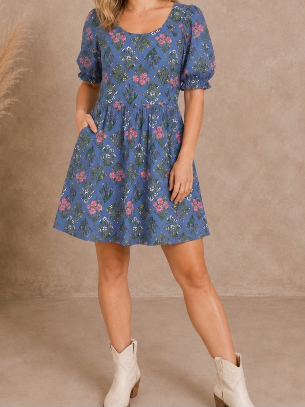 LOFT Blue Floral Scoop-Neck Puff Sleeve Dress Size 12 Petite Linen Viscose